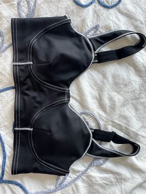 ALO Yoga Black Longline Support Bra with White Contrast Stitching